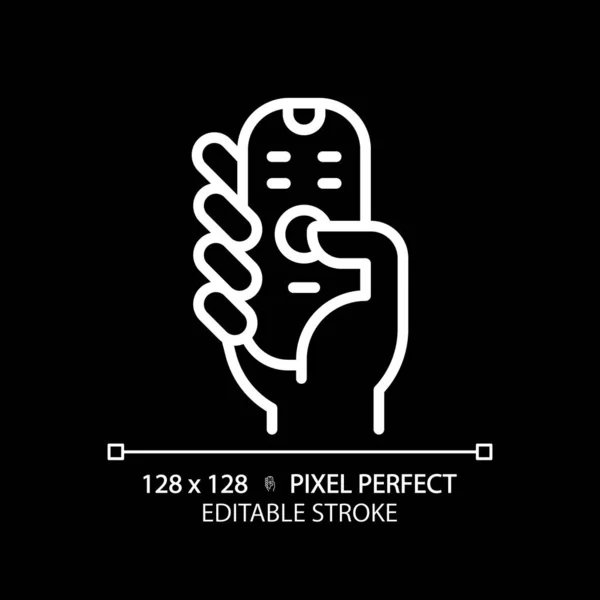 Hand Met Afstandsbediening Pixel Perfecte Witte Lineaire Pictogram Voor Donkere — Stockvector