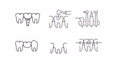 Animasyon tedavi lineer simgeleri. Diş cerrahisi ve tedavi. Diş hekimliği. Profesyonel hizmet. Şeffaf arkaplanda alfa kanalı olan kusursuz HD video. Taslak hareketli grafik canlandırması