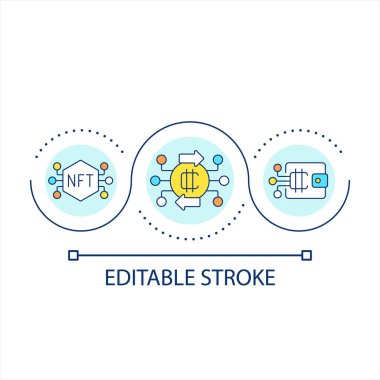 Engelleme teknolojisi döngü konsepti ikonunun geliştirilmesi. Kripto para birimi soyut fikri alıp satıyor ince çizgi çizimleri. İzole bir taslak çizim. Düzenlenebilir felç. Kullanılan Arial yazı tipi