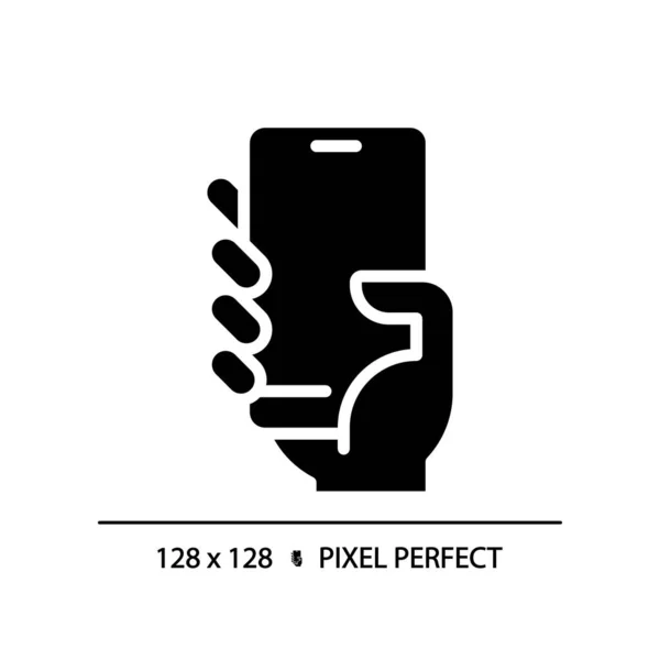 Hand Met Smartphone Pixel Perfecte Zwarte Glyph Pictogram Persoon Met — Stockvector