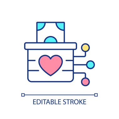 İnternet RGB renk simgesinde bağış fonu oluşturun. Yenilikçi teknolojili hayırseverlik. Finansal yardım toplama. İzole vektör çizimi. Basit bir çizgi çizimi. Düzenlenebilir vuruş