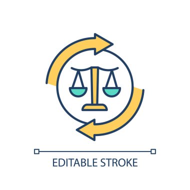 Yargı sisteminin yenilenmesi RGB renk simgesi. Yasalar toplumda neden olur. Yasal savunma uygulaması yönetmeliği. İzole vektör çizimi. Basit bir çizgi çizimi. Düzenlenebilir vuruş