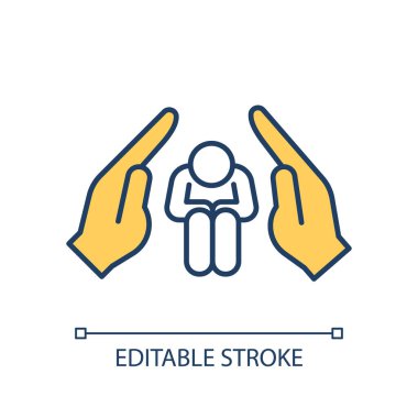 Hassas toplum üyesi RGB renk ikonunun korunması. Kurbana destek oluyor. Rehabilitasyon için güvenli bir yer. İzole vektör çizimi. Basit bir çizgi çizimi. Düzenlenebilir vuruş