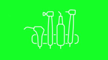 Canlandırılmış makine beyaz çizgi simgesi. Diş tedavisi aletleri. Krom anahtarlı HD video, şeffaf arkaplanda alfa kanalı, siyah katı arkaplan. Taslak hareketli grafik canlandırması