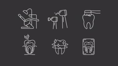Canlandırılmış ekipman beyaz çizgi simgeleri. Dişçi kliniği servisi. Diş hekimliği. Krom anahtarlı HD video, şeffaf arkaplanda alfa kanalı, siyah katı arkaplan. Taslak hareketli grafik canlandırması