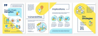 Tedarik zinciri bozulması mavi ve sarı broşür şürü. Çizgisel simgeli broşür tasarımı. Sunum için düzenlenebilir 4 vektör düzeni, yıllık raporlar. Questrial, Lato-Düzenli yazı tipleri