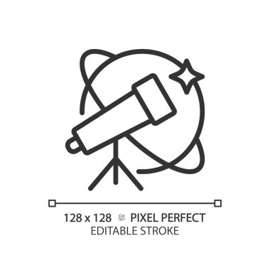 Astronomi ve BTMM pikseli mükemmel doğrusal simge. Gök cisimlerini incelemek için alternatif yol. Eğitim kursu. İnce çizgili çizim. Contour sembolü. Vektör çizimi. Düzenlenebilir vuruş