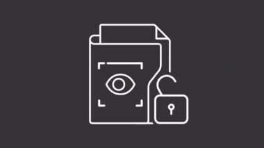 Canlandırılmış belgeler beyaz çizgi simgeleri. Gizli bilgi erişimi. Şeffaf arkaplan üzerinde alfa kanalı olan HD video döngüsü, siyah katı arka plan. Taslak hareketli grafik canlandırması