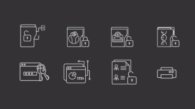 Canlandırılmış bilgi beyaz çizgi simgeleri. Veri analizi. Şifre girişi. Krom anahtarlı HD video, şeffaf arkaplanda alfa kanalı, siyah katı arkaplan. Taslak hareketli grafik canlandırması