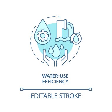 Su verimliliği turkuaz konsept simgesi. Tatlı su. Temiz su ve sıhhi tesisat fikri soyut ince çizgi çizimi. İzole bir taslak çizim. Düzenlenebilir felç. Arial, Myriad Pro-Kalın yazı tipleri