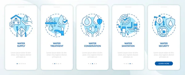 Water Management Concepts Blue Onboarding Mobile App Screen Walkthrough Steps — Stock Vector