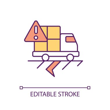 Teslimat sorunları RGB renk simgesini uyarıyor. Mal sevkiyatında sorun var. Lorry ve ünlem işareti. Müşteri farkındalığı. İzole vektör çizimi. Basit bir çizgi çizimi. Düzenlenebilir vuruş