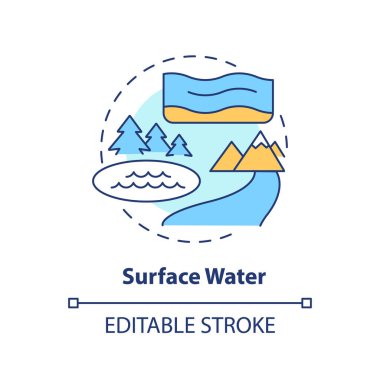 Yüzey suyu konsept simgesi. Nehir ve gölcükler. Taze su kaynağı soyut fikir ince çizgi çizimi. İzole bir taslak çizim. Düzenlenebilir felç. Arial, Myriad Pro-Kalın yazı tipleri