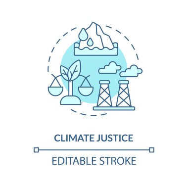İklim adaleti mavi konsept ikonu. Küresel ısınmayı önleme. Sosyal adalet örneği soyut fikir ince çizgi çizimi. İzole bir taslak çizim. Düzenlenebilir felç. Arial, Myriad Pro-Kalın yazı tipleri