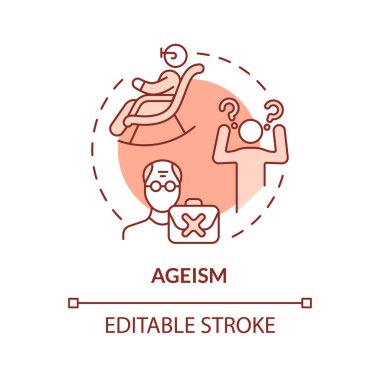 Yaş ayrımcılığı kırmızı konsept simgesi. Yaş ayrımcılığı. Sosyal adaletsizlik örneği soyut fikir ince çizgi çizimi. İzole bir taslak çizim. Düzenlenebilir felç. Arial, Myriad Pro-Kalın yazı tipleri