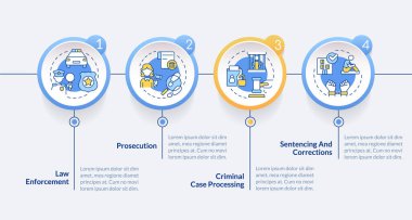 Adalet sistemi mavi çember bilgi şablonu. Kamu güvenliği. Veri görselleştirmesi 4 adımda. Düzenlenebilir zaman çizelgesi. Satır simgeleriyle çalışma akışı düzeni. Kullanılan Lato Kalın, Düzenli yazı tipleri