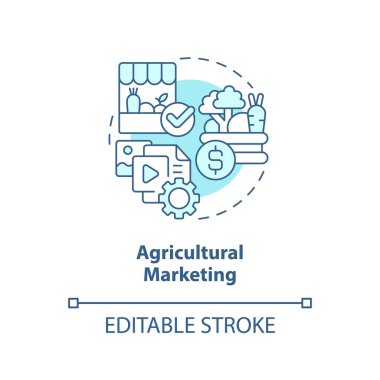 Tarım pazarlama turkuaz konsept ikonu. Ürünler. Çiftçilik sektörü sübvansiyonu soyut fikir ince çizgi çizimi. İzole bir taslak çizim. Düzenlenebilir felç. Arial, Myriad Pro-Kalın yazı tipleri