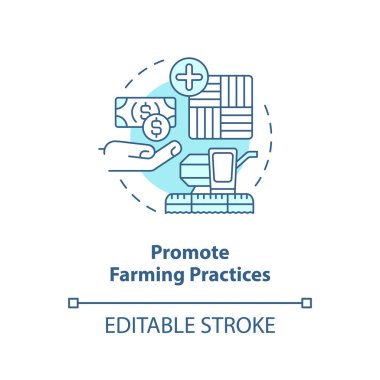 Turkuaz konsept ikonu çiftçilik uygulamalarını destekleyin. İş için. Tarımsal sübvansiyon fikri ince çizgi çizimi. İzole bir taslak çizim. Düzenlenebilir felç. Arial, Myriad Pro-Kalın yazı tipleri