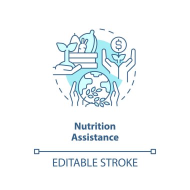 Besin yardımı turkuvaz konsept ikonu. Yiyecek güvensizliği. Tarımsal sübvansiyon fikri ince çizgi çizimi. İzole bir taslak çizim. Düzenlenebilir felç. Arial, Myriad Pro-Kalın yazı tipleri