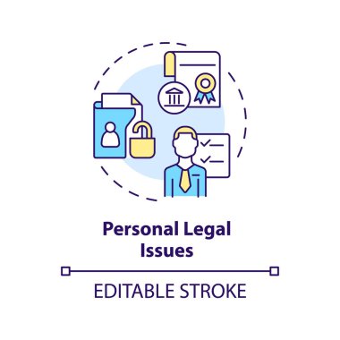 Kişisel hukuki konular kavramı ikonu. Avukat servisi. Hukuk ve hukuki konular soyut fikirler ince çizgi çizimleri. İzole bir taslak çizim. Düzenlenebilir felç. Arial, Myriad Pro-Kalın yazı tipleri