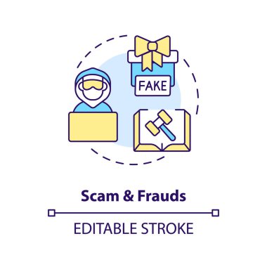 Dolandırıcılık ve dolandırıcılık konsepti. Çevrimiçi dolandırıcılık aktivitesi. Hukuk ve hukuki konular soyut fikirler ince çizgi çizimleri. İzole bir taslak çizim. Düzenlenebilir felç. Arial, Myriad Pro-Kalın yazı tipleri