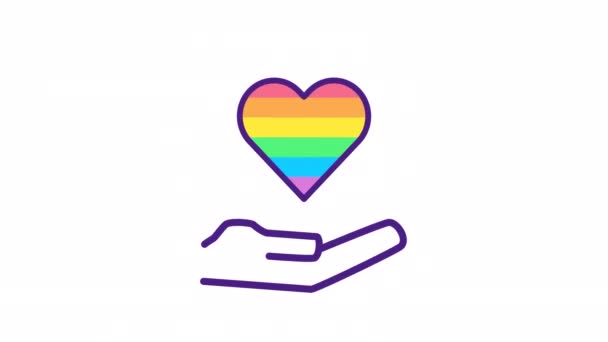アニメーションのLbtハートカラーアイコン 浮かぶハート型の虹色の旗 Lgbtqのシンボル 愛と誇り 透明背景にアルファチャンネルとシームレスなループHdビデオ シンプルなライングラフィックアニメーション — ストック動画