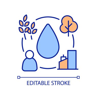 Doğadaki su ve kentsel alan RGB renk simgesi. Tatlı su tüketim yönetimi. Temiz su kaynaklarına erişim. İzole vektör çizimi. Basit bir çizgi çizimi. Düzenlenebilir vuruş