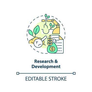 Araştırma ve geliştirme konsepti ikonu. Çiftçilik endüstrisi. Tarımsal sübvansiyon fikri ince çizgi çizimi. İzole bir taslak çizim. Düzenlenebilir felç. Arial, Myriad Pro-Kalın yazı tipleri