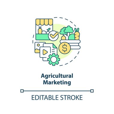 Tarım pazarlama konsepti ikonu. Ürün reklamı. Çiftçilik sektörü sübvansiyonu soyut fikir ince çizgi çizimi. İzole bir taslak çizim. Düzenlenebilir felç. Arial, Myriad Pro-Kalın yazı tipleri