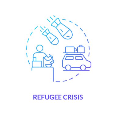 Mülteci krizi mavi gradyan konsept ikonu. Savaş alanlarından kaçıyorum. Göç. Sosyal adalet örneği soyut fikir ince çizgi çizimi. İzole bir taslak çizim. Kullanılan sayısız Pro-Kalın yazı tipi