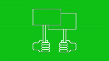 Beyaz çizgi ikon animasyonunu protesto et. Sancakları yükselten aktivistler. Kamu hareketi. Haklar için savaş. Krom anahtarlı HD video, şeffaf arkaplan üzerinde alfa kanalı, siyah katı arkaplan