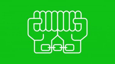 Beyaz çizgi simgesi animasyonunu tutukla. Elleri zincirlenmiş. Polis gözetimi. Kölelik. Eller zincirli. Krom anahtarlı HD video, şeffaf arkaplan üzerinde alfa kanalı, siyah katı arkaplan