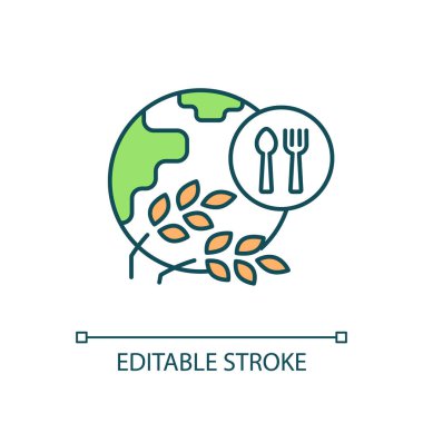 Küresel gıda üretimi RGB renk ikonu. Besleyici ürünler güvenliği. Dünya çapında tarım işi. Uluslararası tarım. İzole vektör çizimi. Basit bir çizgi çizimi. Düzenlenebilir vuruş