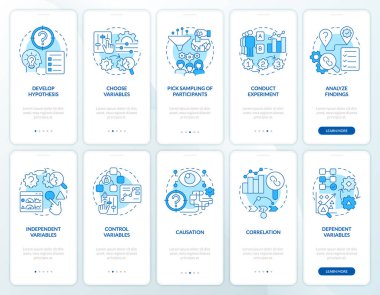 Gezici uygulama ekranlarında nedensel araştırma mavisi ayarlandı. Analizler. Doğrusal kavramlarla düzenlenebilir grafik yönergelerini 5 adımda gezdir. UI, UX, GUI şablonu. Kullanılan sayısız Pro-Kalın, Düzenli yazı tipleri