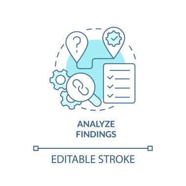 Turkuaz konsept ikonu bulgularını analiz et. Veri kontrolü. Nedensel araştırmaların soyut ve ince çizgi çizimlerinin nasıl yürütüleceği. İzole bir taslak çizim. Düzenlenebilir felç. Arial, Myriad Pro-Kalın yazı tipleri