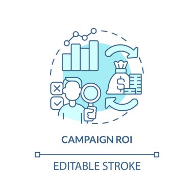 Kampanya ROI turkuaz konsept simgesi. Test reklamcılığı. Nedensel araştırma örneği soyut fikir ince çizgi çizimi. İzole bir taslak çizim. Düzenlenebilir felç. Arial, Myriad Pro-Kalın yazı tipleri