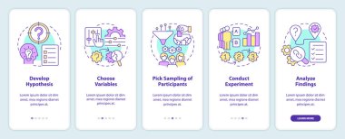 Gezici uygulama ekranında nedensel araştırma nasıl yapılır. Doğrusal kavramlarla düzenlenebilir grafik yönergelerini 5 adımda gezdir. UI, UX, GUI şablonu. Kullanılan sayısız Pro-Kalın, Düzenli yazı tipleri