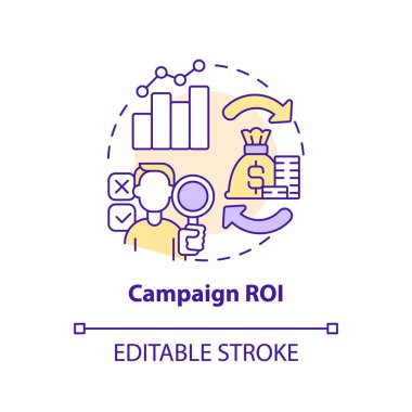 Kampanya ROI konsept simgesi. Test reklamcılığı. Nedensel araştırma örneği soyut fikir ince çizgi çizimi. İzole bir taslak çizim. Düzenlenebilir felç. Arial, Myriad Pro-Kalın yazı tipleri