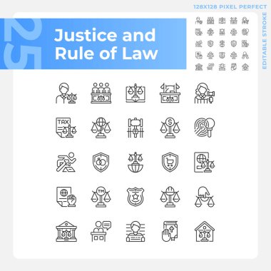 Adalet ve hukukun üstünlüğü piksel kusursuz doğrusal simgeler oluşturuldu. Hükümet yönetmelik sistemi. Yasalara uygun normlar. Özelleştirilebilir ince çizgi sembolleri. İzole vektör çizimi çizimleri. Düzenlenebilir vuruş