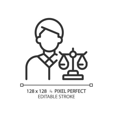 Hukuk piksel avukatı mükemmel bir doğrusal simge. Mahkemede müvekkil haklarını koruyan avukat. Yasal muhakeme yönetmeliği. İnce çizgili çizim. Contour sembolü. Vektör çizimi. Düzenlenebilir vuruş