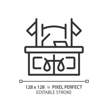 Mahkeme salonu pikseli mükemmel doğrusal simge. Duruşmalar için yer. Yargılama kurumu. Kanun düzenleme sistemi. İnce çizgili çizim. Contour sembolü. Vektör çizimi. Düzenlenebilir vuruş