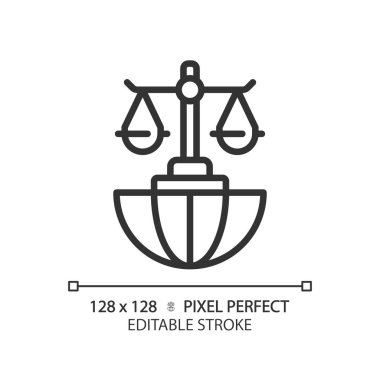 Uluslararası hukuk pikseli mükemmel doğrusal simge. Ülkeler etkileşim düzenlemesi. Eyalet ilişkilerinin yasal kuralları. İnce çizgili çizim. Contour sembolü. Vektör çizimi. Düzenlenebilir vuruş