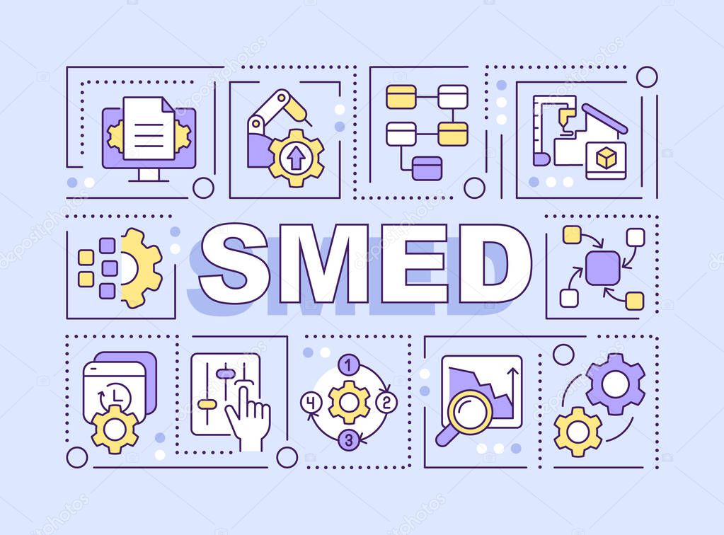 SMED word concepts blue banner. Single minute exchange of dies. Infographics with editable icons on color background. Isolated typography. Vector illustration with text. Arial-Black font used