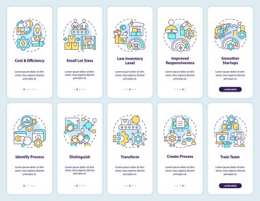 Mobil uygulama ekranında bir dakikalık bir ölüm değişimi. SMED 5 aşamalı düzenlenebilir grafik talimatları ve doğrusal kavramlar. UI, UX, GUI şablonu. Kullanılan sayısız Pro-Kalın, Düzenli yazı tipleri