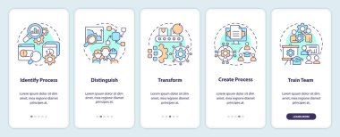 Mobil uygulama ekranında SMED 'i nasıl kullanabilirsin? Doğrusal kavramlarla birlikte 5 adımlık düzenlenebilir grafik talimatlarını ilerlet. UI, UX, GUI şablonu. Kullanılan sayısız Pro-Kalın, Düzenli yazı tipleri