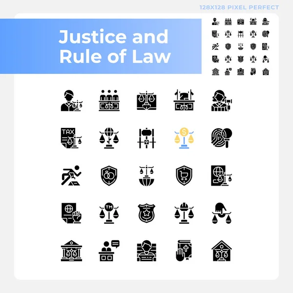 Stock vector Justice and rule of law pixel perfect black glyph icons set on white space. Government system of regulation. Legislative norms. Silhouette symbols. Solid pictogram pack. Vector isolated illustration