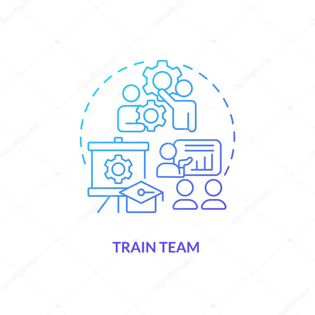 Train team blue gradient concept icon. Time reduction. Increase productivity. Coaching employees abstract idea thin line illustration. Isolated outline drawing. Myriad Pro-Bold fonts used