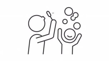 Baloncukları birbirine bağlamak çizgi animasyonudur. Ebeveyn ve çocuk sabun balonu yapıyor. Açık hava aktivitesi. Şeffaf arkaplanda alfa kanalı olan kusursuz HD video. Canlandırılmış dış hat simgesi