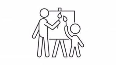 Ebeveyn çizgi animasyonuyla resim yapmak. Baba ve oğul birlikte çiziyorlar. Sanat terapisi. Aile bağı. Şeffaf arkaplanda alfa kanalı olan kusursuz HD video. Canlandırılmış dış hat simgesi