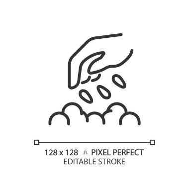 Doğrusal simge yerleştiriliyor. Doğrudan ekme. Çevre dostu tarım. Sebze bahçesi. Toprak hazırlığı. Üreme yöntemi. İnce çizgili çizim. Contour sembolü. Vektör çizimi. Düzenlenebilir vuruş